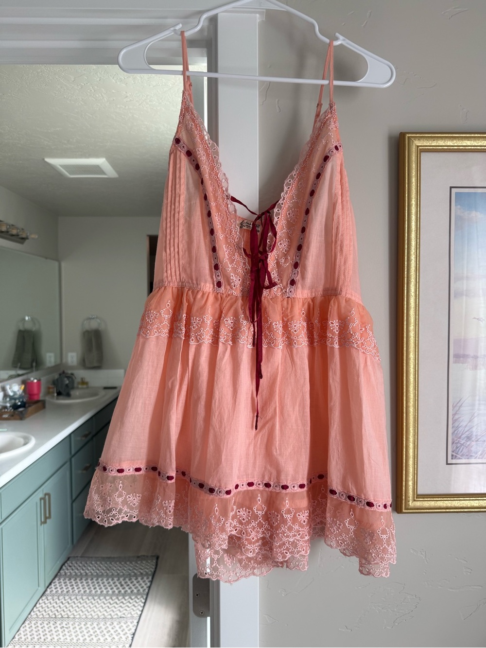 Free People Peach Slip Dress with Burgundy Ribbon Detail